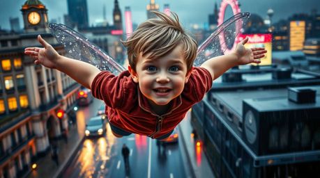 A captivating scene depicts a young boy with rosy cheeks and bright eyes soaring above a rain-kissed London cityscape, propel