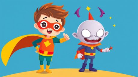 Experience an adorable and cute superhero with vibrant complementary colors battling a comically charming villain. This dynam