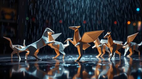 Intricate origami animals perform a vibrant dance under dazzling disco lights in a captivating wet, rainy scene.  The video s