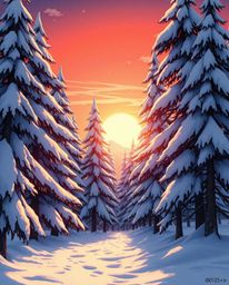 An Isekai anime style illustration captures the enchanting moment of sunset light sparkling on snowy pine trees. This piece i