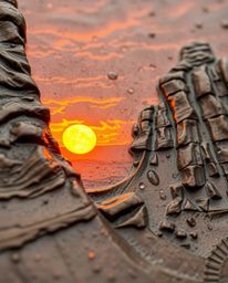 This is a close-up shot of a cast bronze surface, masterfully depicting sandstone cliffs illuminated by a sunset. The image f