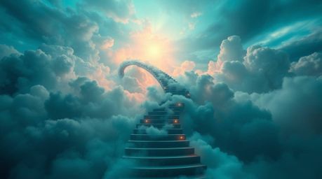 Capture a luxurious and vibrant image featuring a winding stairway formed from smoke and light ascending into a vast, cloudy 
