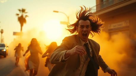 A warm, golden-glow fine art photograph captures a dynamic chase scene with characters exhibiting exaggerated squash and stre