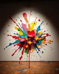 Experience a vibrant explosion of color with this abstract art piece. High-detail paint splashes dance across a white canvas,