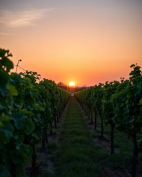 A high-resolution stock photo captures a tight close-up shot of a sunset over a vineyard with rows of grapevines. This commer