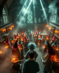 This high-resolution stock photo captures the enchanting atmosphere of a magical school brimming with young wizards. The imag