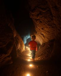 Explore the enchanting scene of a child's adventure into a mysterious cave, guided by a trail of glowing footsteps. This low-