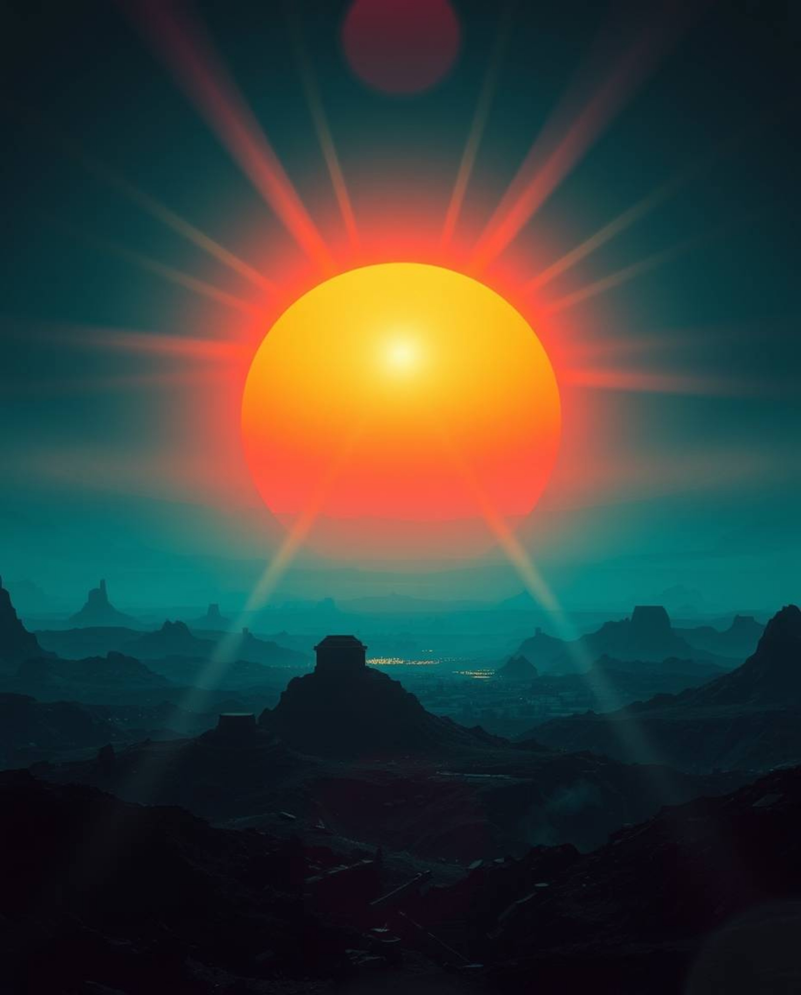 A breathtaking sunrise paints the horizon over a war-torn landscape, its rich deep teal hues contrasting sharply with the des