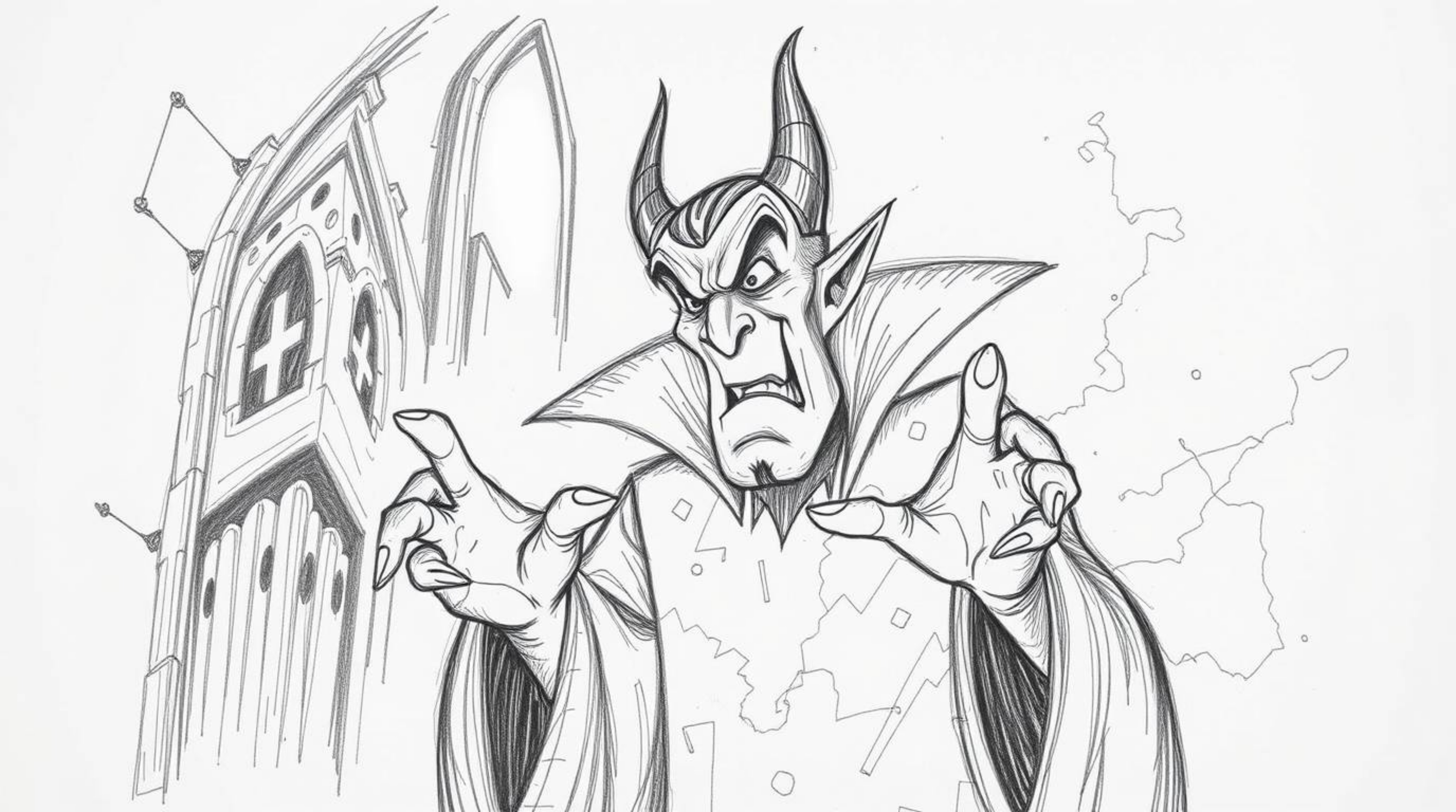 A captivating hand-drawn sketch depicts a classic Disney villain casting a spell within an ancient castle. Volumetric lighti