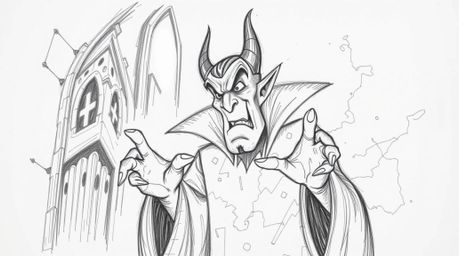A captivating hand-drawn sketch depicts a classic Disney villain casting a spell within an ancient castle.  Volumetric lighti