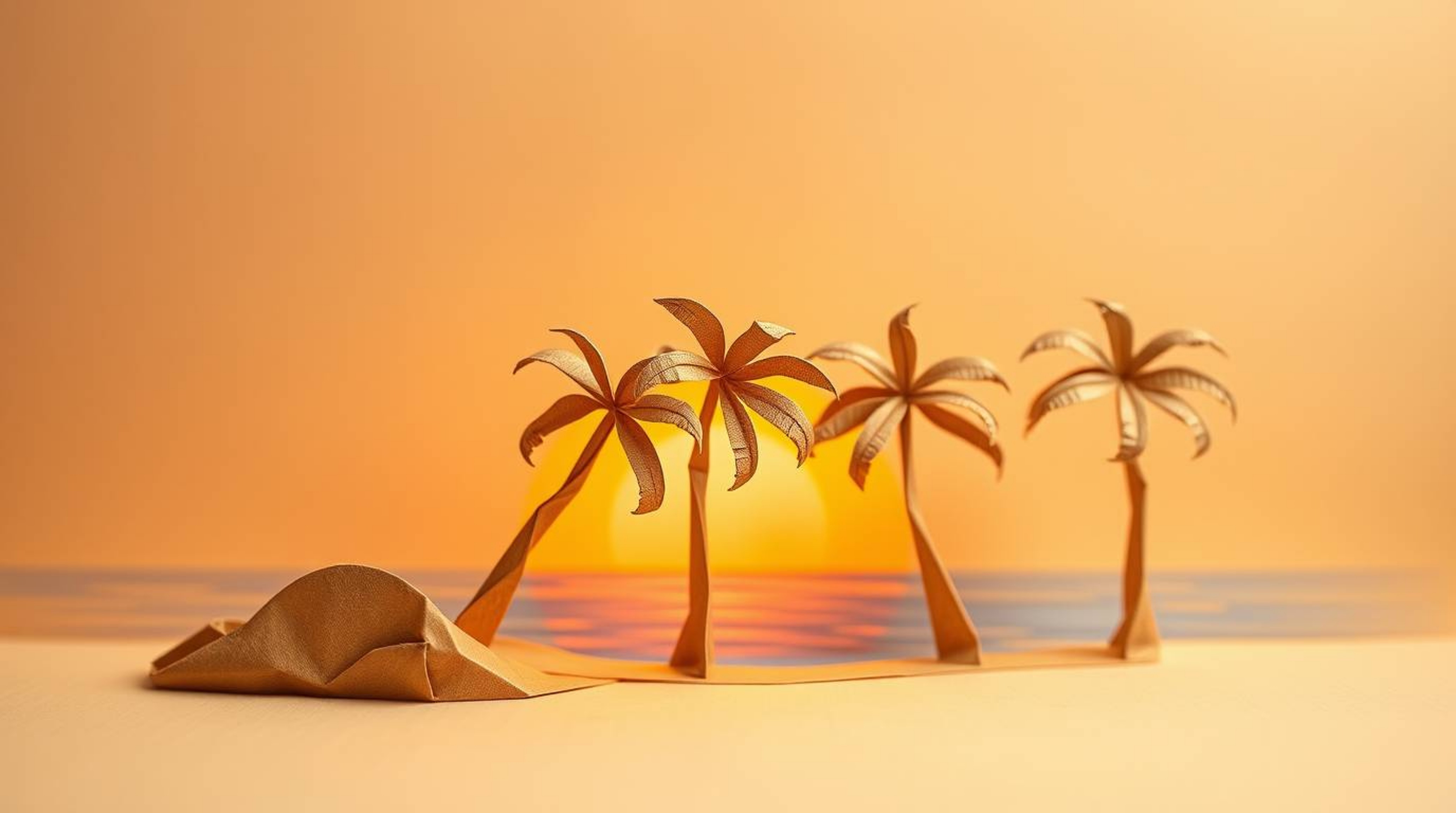 Explore a mesmerizing world of intricate detail with extreme macro photography of an origami-style tropical beach sunset.  Wi