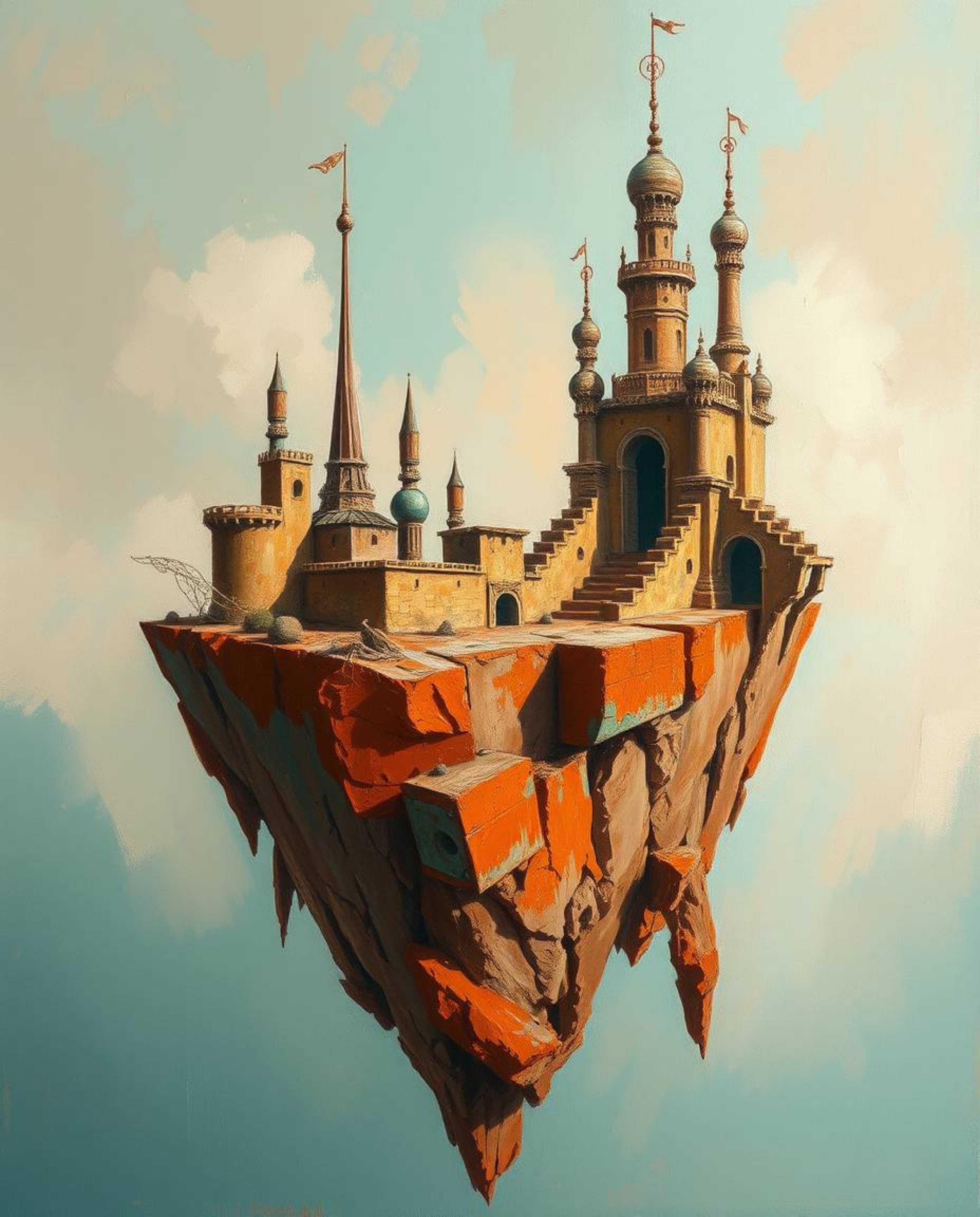 Explore a surreal floating island depicted in a classic oil painting style, featuring a captivating contrast of warm terracot