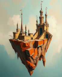 Explore a surreal floating island depicted in a classic oil painting style, featuring a captivating contrast of warm terracot