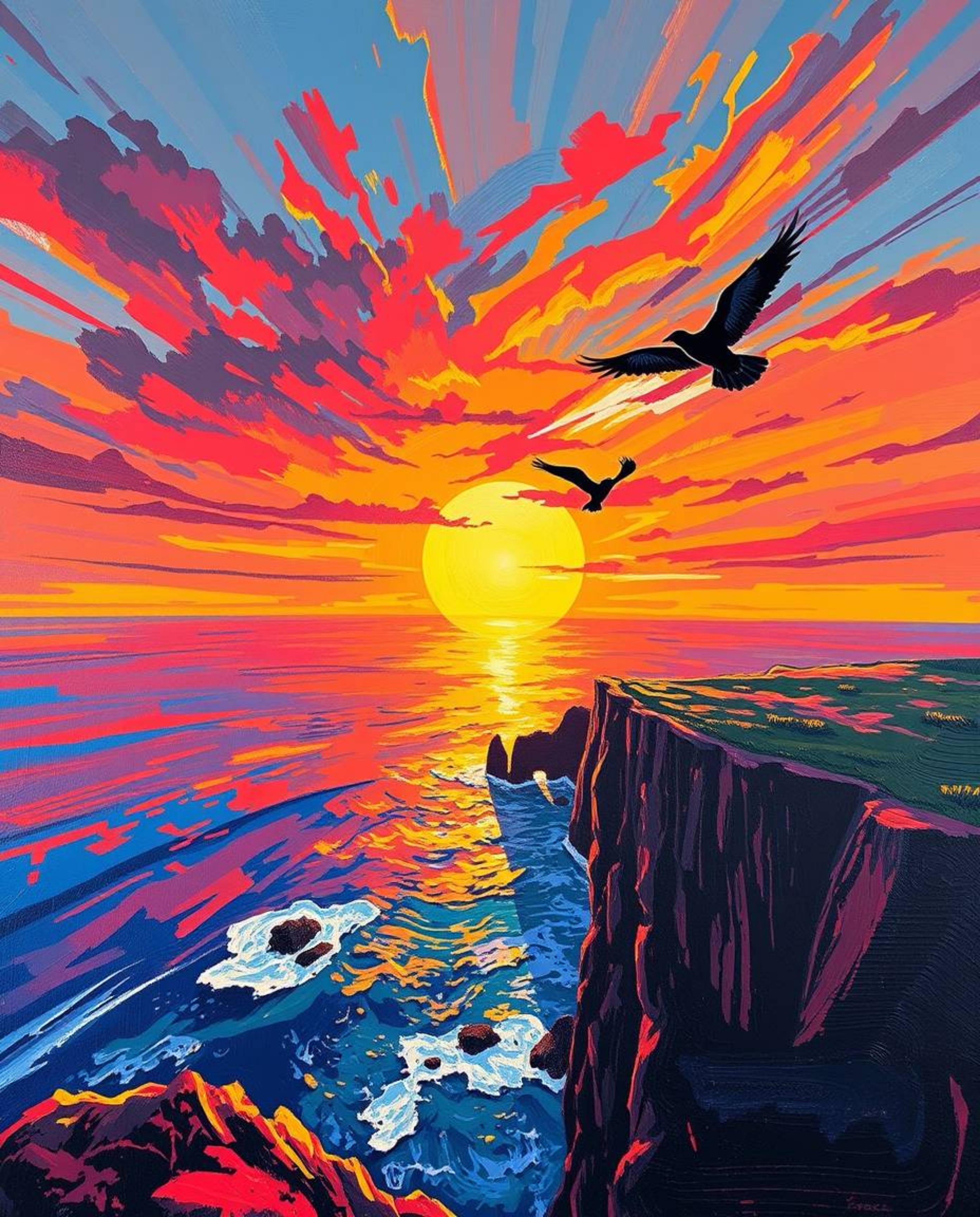 A bold acrylic painting captures a sunset over a coastal cliff with soaring birds from a high-angle perspective. The artwork 