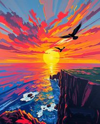 A bold acrylic painting captures a sunset over a coastal cliff with soaring birds from a high-angle perspective. The artwork 