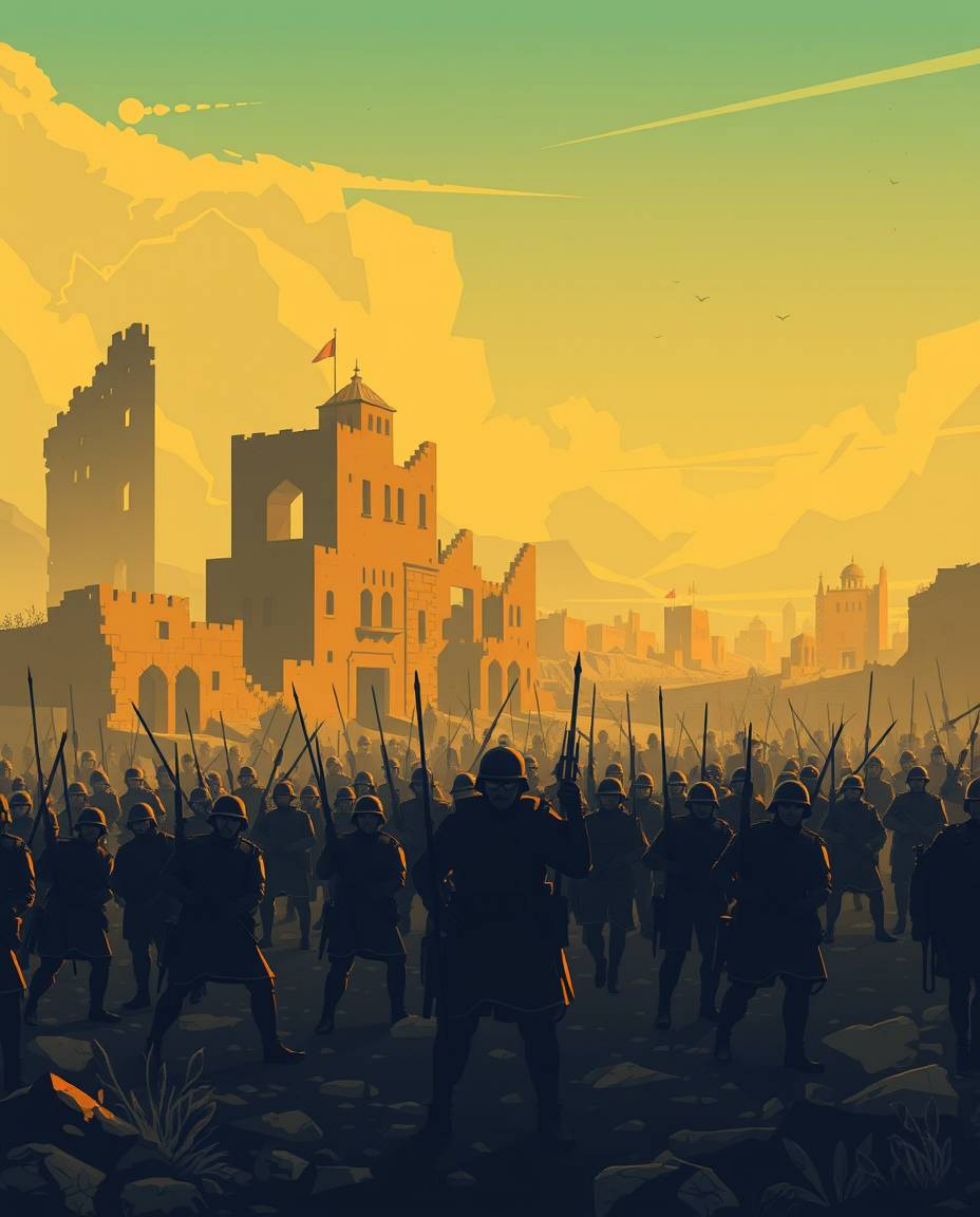 A visually striking image depicting a battlefield with time-warped soldiers amidst crumbling buildings, rendered in a modern 