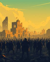A visually striking image depicting a battlefield with time-warped soldiers amidst crumbling buildings, rendered in a modern 