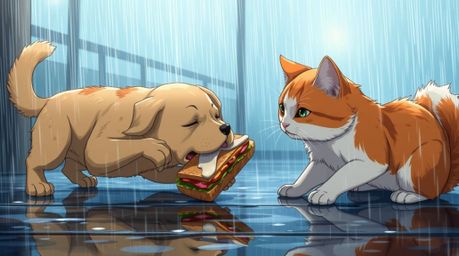 A whimsical, isekai-style anime scene depicts a hilarious fight between a dog and a cat over a giant sandwich.  Set in a wet,