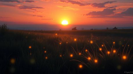 A captivating digital painting showcases a serene sunset over a quiet meadow, where fireflies begin to emerge, their biolumin