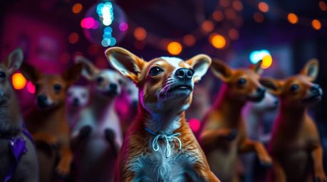 A captivating fine art photograph depicts an energetic animal dance party illuminated by vibrant disco lights.  The image boa