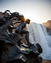 A dynamic bronze sculpture in motion, depicting a sun setting behind a dramatic waterfall. The surface displays an antique pa