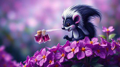 A classic oil painting depicting a cartoon skunk playfully spraying perfume onto vibrant purple flowers, rendered in deep ult