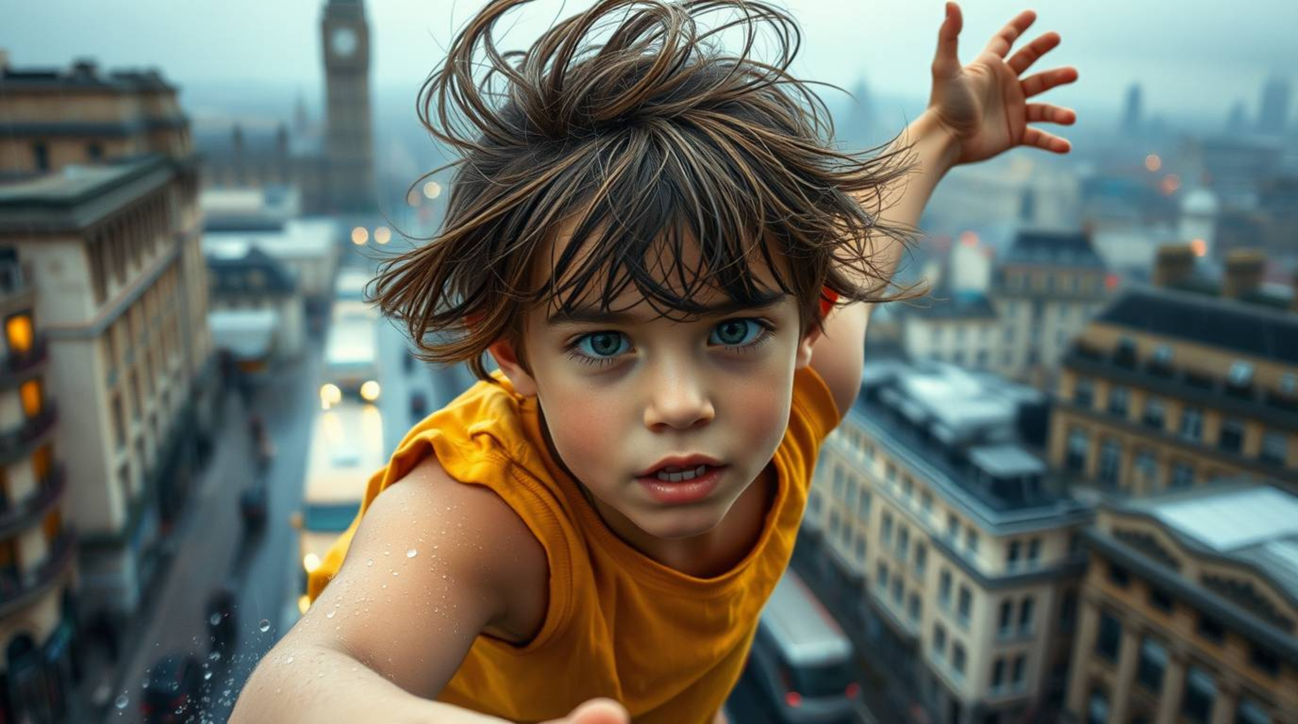 A captivating scene unfolds with a young boy, his windswept hair hinting at adventure, soaring above a rain-soaked London cit