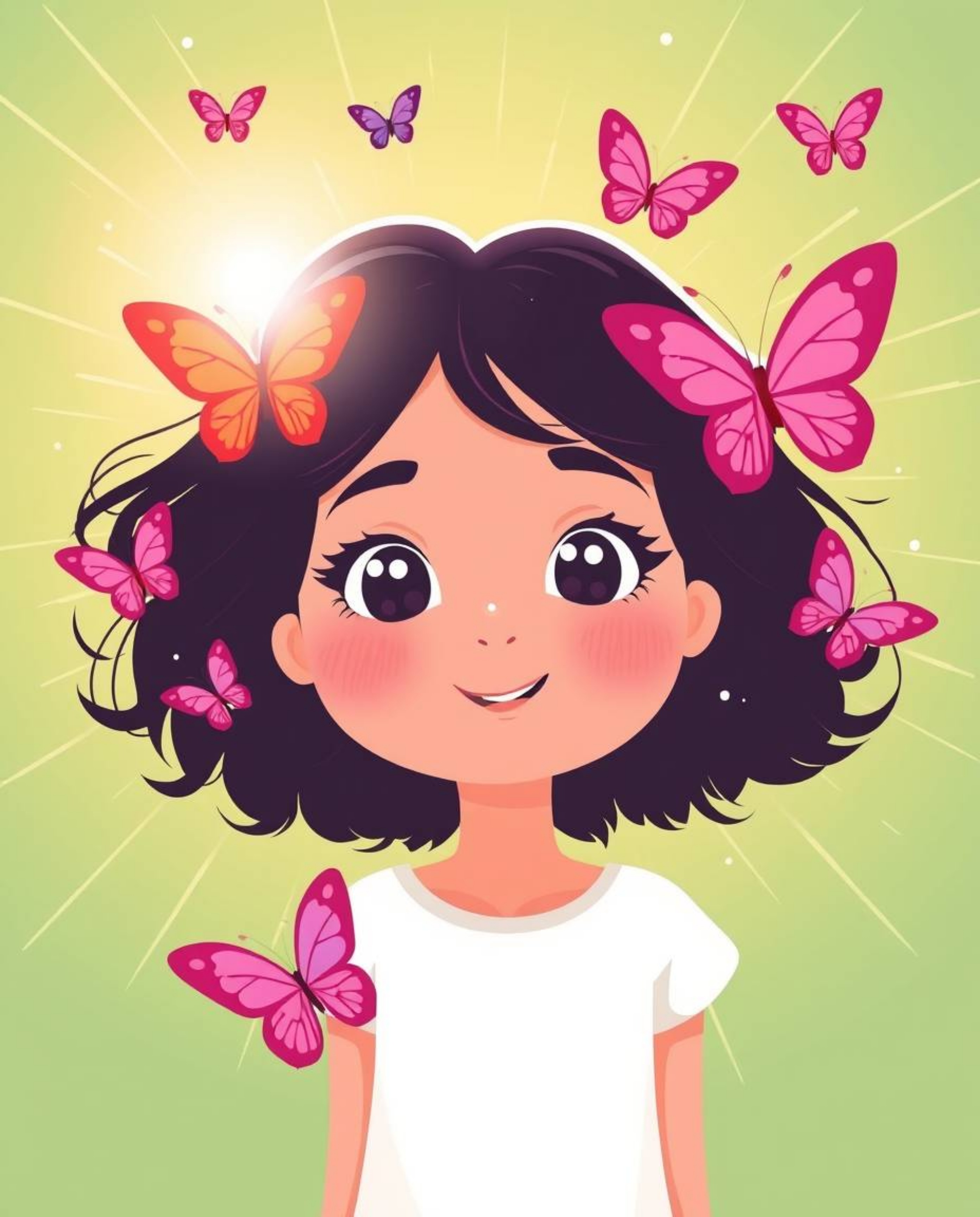 A beautiful illustration featuring a girl with rosy cheeks and bright eyes, releasing vibrant butterflies into the air agains