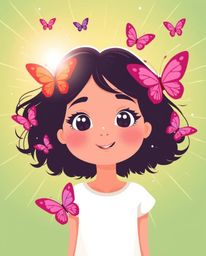 A beautiful illustration featuring a girl with rosy cheeks and bright eyes, releasing vibrant butterflies into the air agains