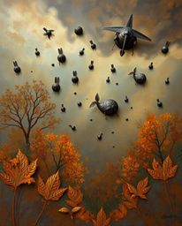 Experience a captivating visual journey with a cast bronze surface bathed in warm autumn colors, overtaken by a surreal storm