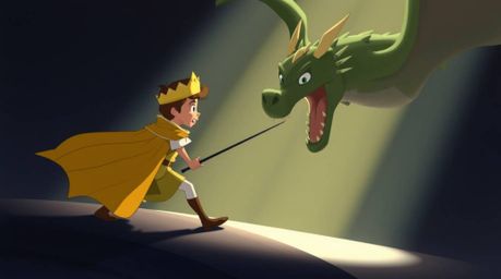 A charming prince, reminiscent of classic 1950s animation, bravely battles a fearsome dragon.  The scene is rendered with gen