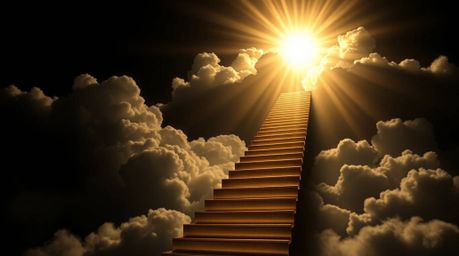 A captivating image depicts a golden staircase ascending through dramatic clouds towards a radiant heaven.  Pierced by sunlig