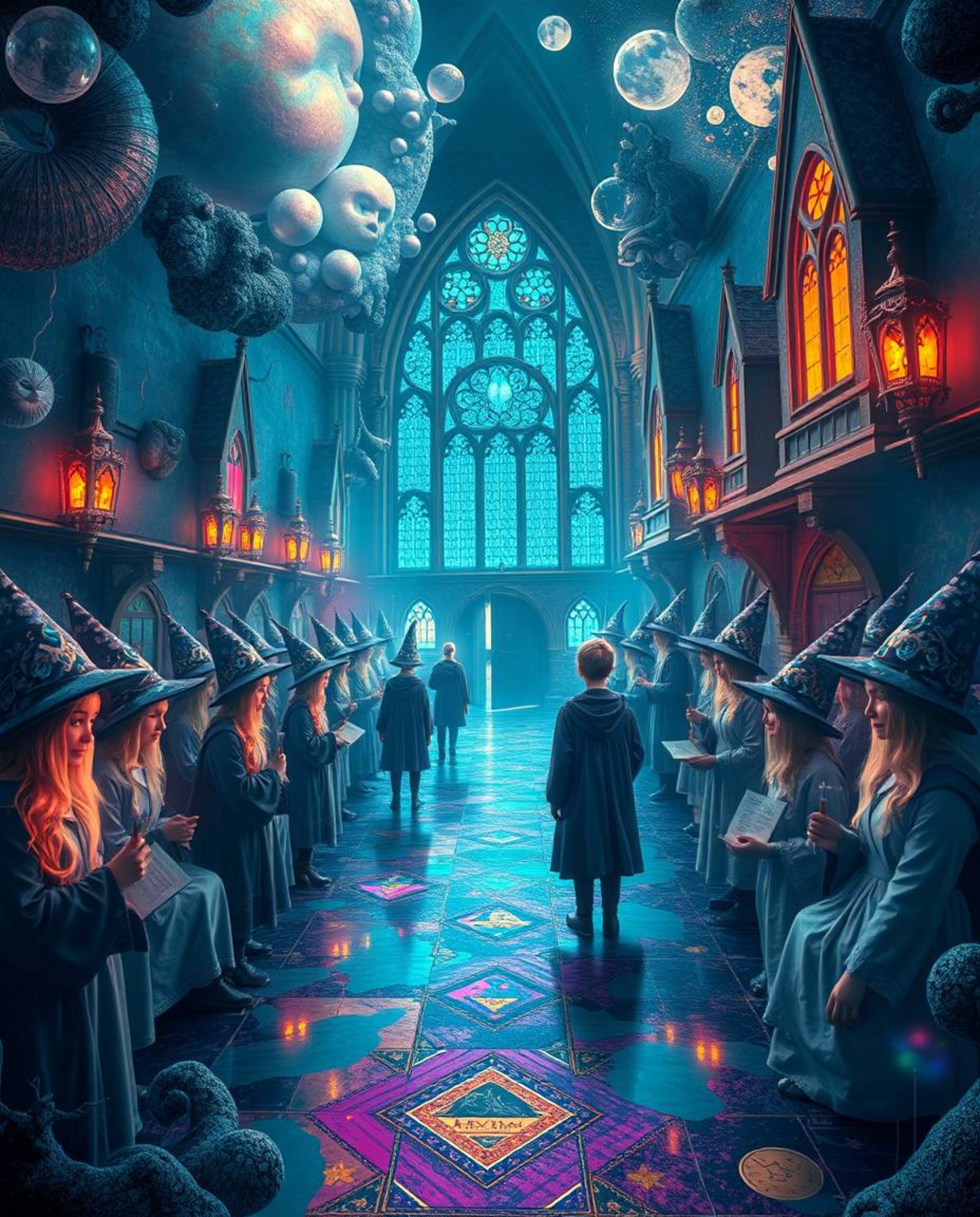 Explore a captivating magical school teeming with young wizards, portrayed in a surreal dreamscape filled with fantastical el