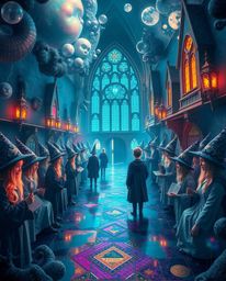 Explore a captivating magical school teeming with young wizards, portrayed in a surreal dreamscape filled with fantastical el