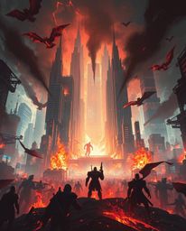 Experience an epic and grand scene of a futuristic city consumed by flames, brought to life with dynamic lighting effects tha