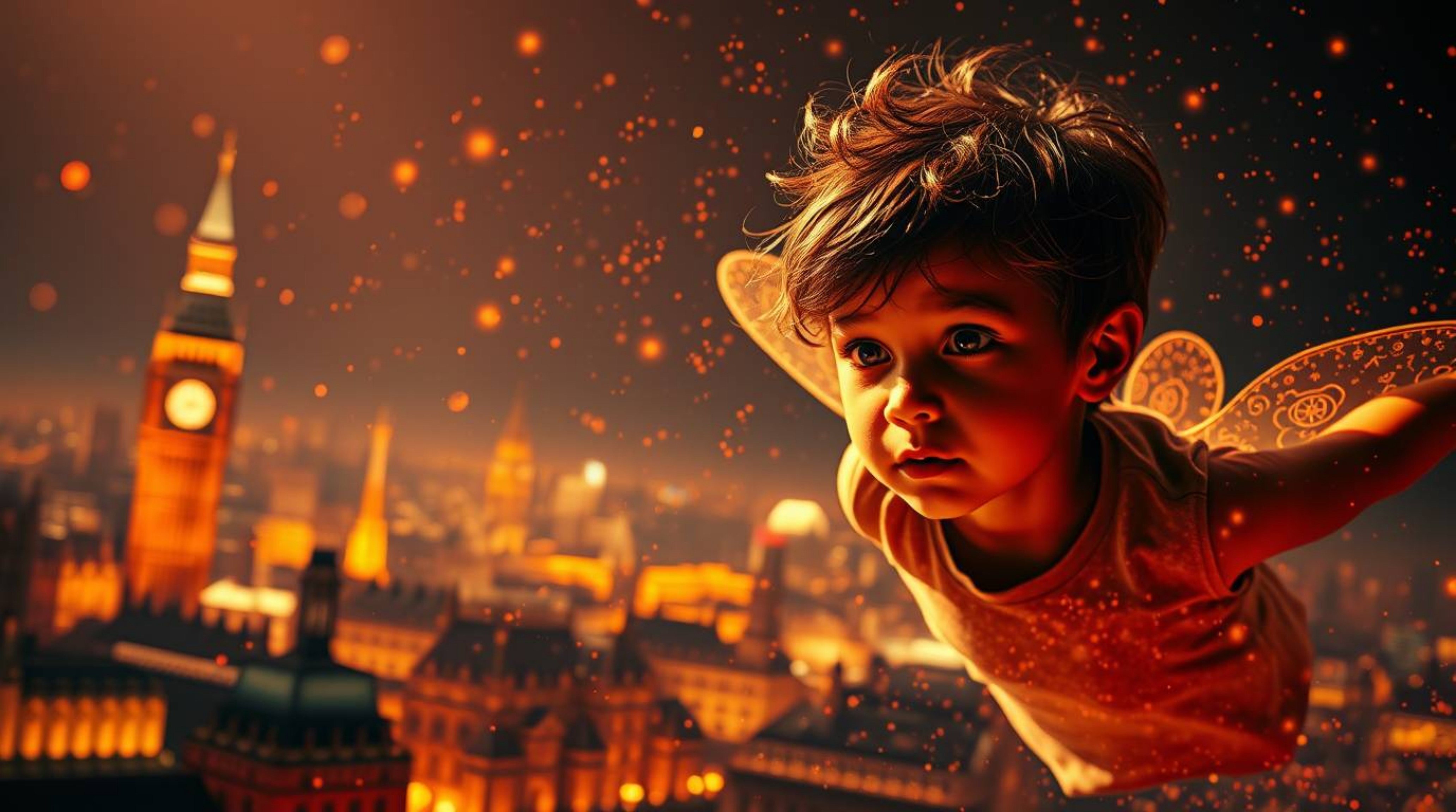 A young boy with delicate features and light brown skin soars through the air above a high-contrast London skyline, surrounde