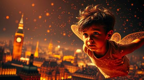 A young boy with delicate features and light brown skin soars through the air above a high-contrast London skyline, surrounde