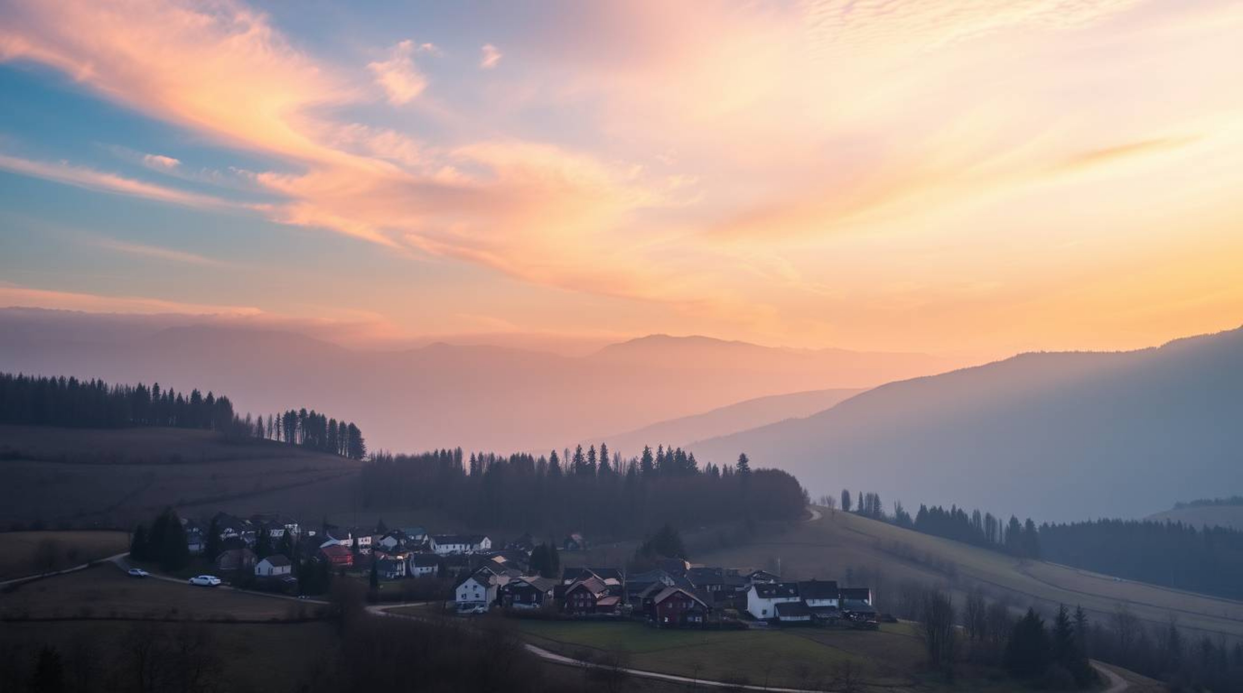 Escape to a tranquil haven in this picturesque village nestled within a vibrant valley. Bathed in the soft glow of a colorful