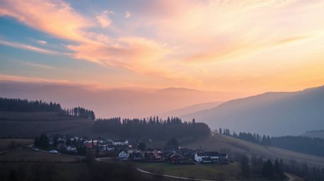 Escape to a tranquil haven in this picturesque village nestled within a vibrant valley. Bathed in the soft glow of a colorful