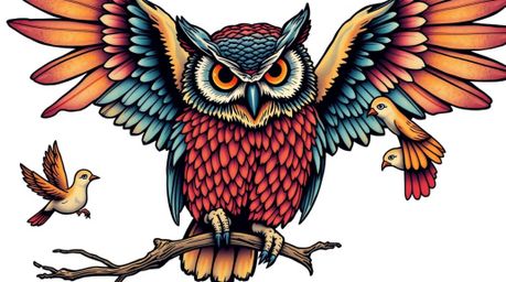 This art print features a heartwarming scene of a blind owl, rendered in a vibrant, retro-style Pixar aesthetic, patiently te