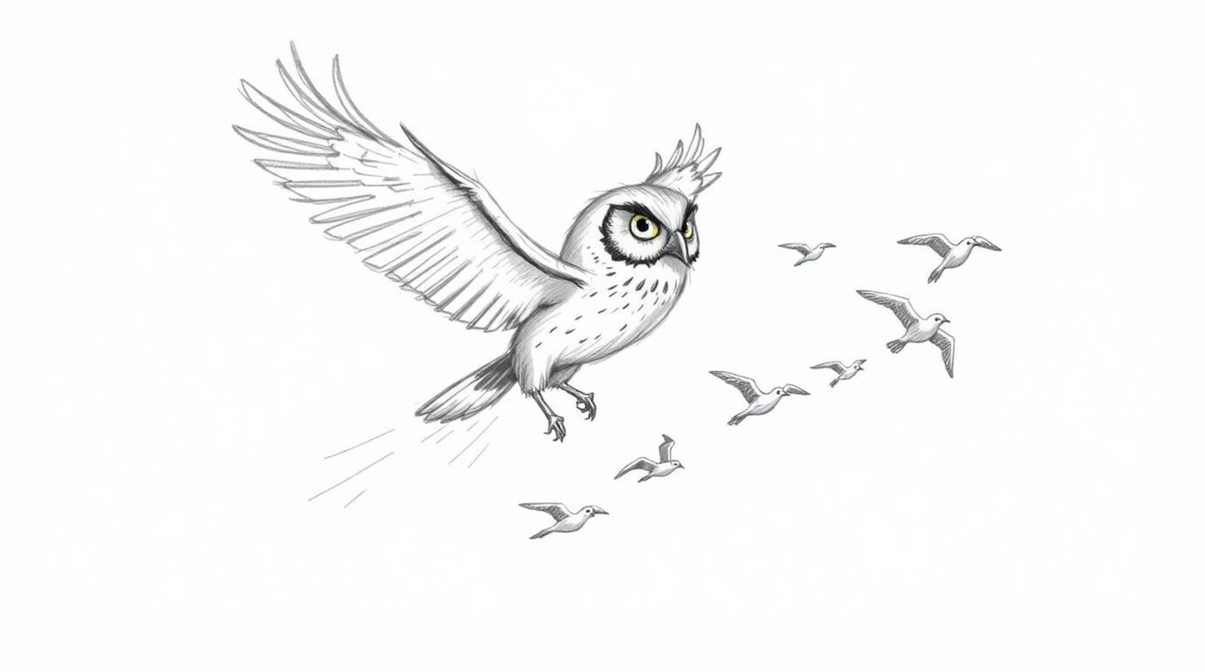 A hand-drawn sketch reminiscent of Pixar, portrays a sightless owl in mid-flight, guiding a flock of birds. The owl features 