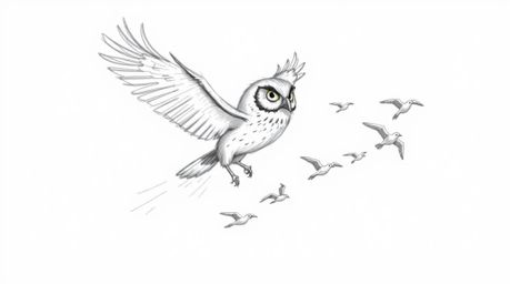 A hand-drawn sketch reminiscent of Pixar, portrays a sightless owl in mid-flight, guiding a flock of birds. The owl features 