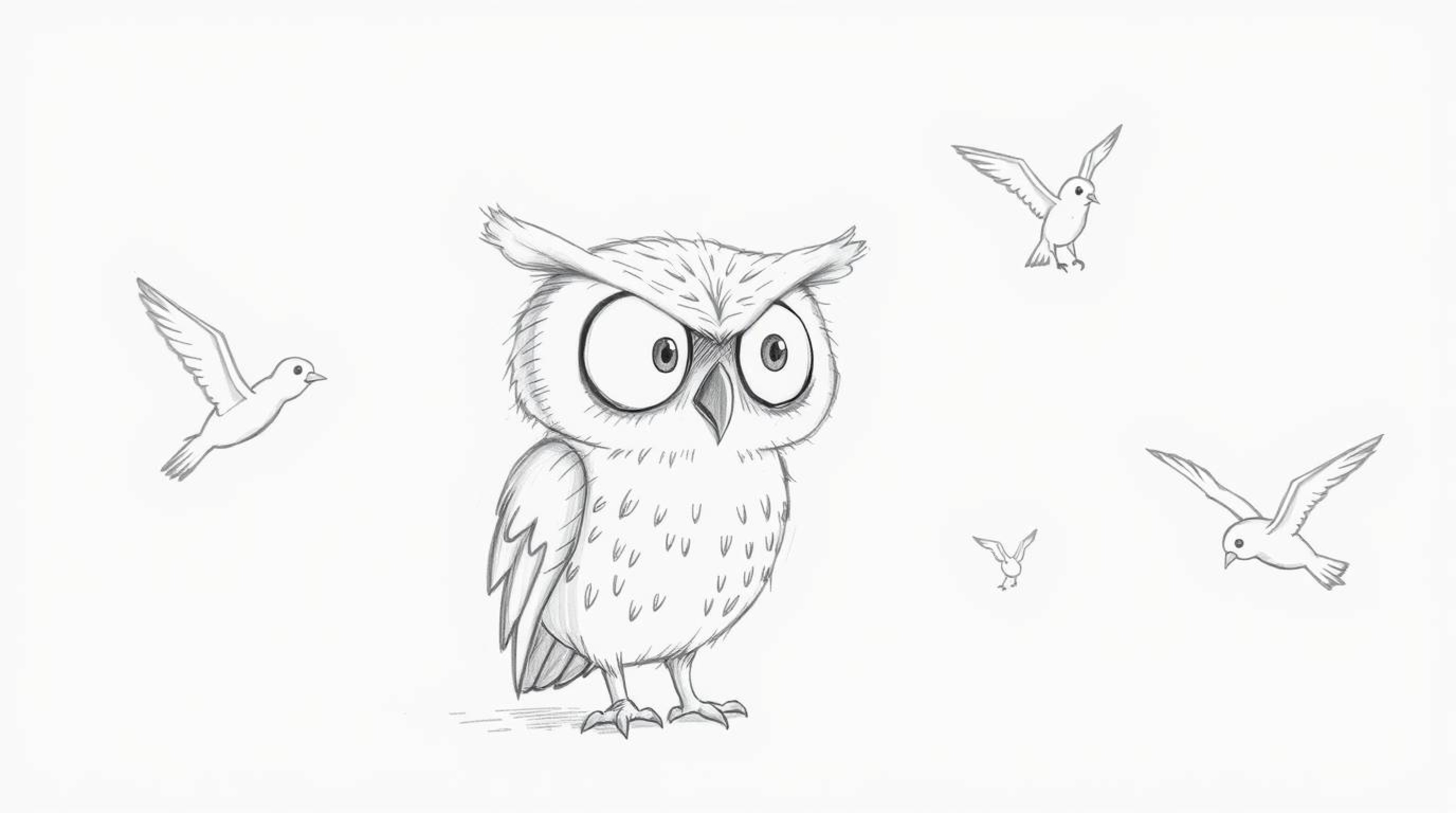 A heartwarming hand-drawn sketch in the style of Pixar portrays a blind owl with large, expressive, sightless eyes, dedicated
