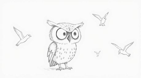 A heartwarming hand-drawn sketch in the style of Pixar portrays a blind owl with large, expressive, sightless eyes, dedicated