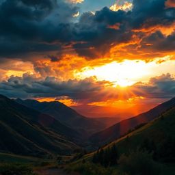 A lively and energetic depiction of a sunset over a quiet mountain valley under a stormy sky showcases intense dramatic weath