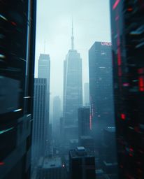 A captivating close-up reveals a glitchy digital landscape, where distorted skyscrapers pierce a hazy sky filled with static 