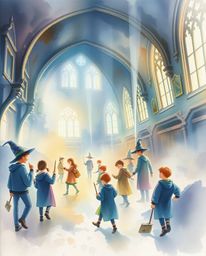 A delicate watercolor painting showcases a magical school teeming with young wizards. The scene is brought to life with volum