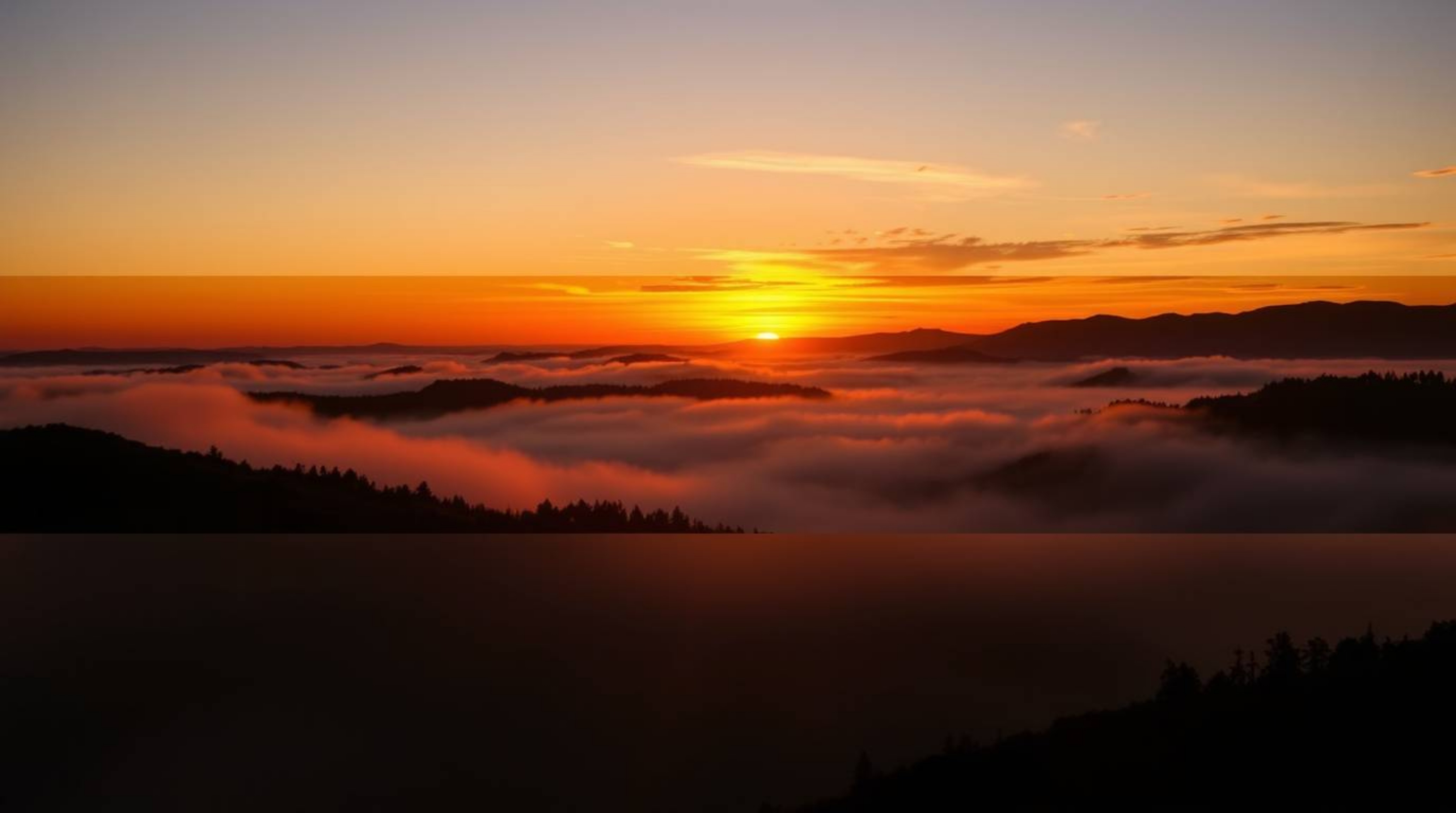 This stunning digital artwork captures the ethereal beauty of fog-covered hills bathed in the warm glow of a setting sun. The