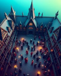 Discover a breathtaking aerial view of a magical school brimming with young wizards.  Experience the smooth gradient transiti