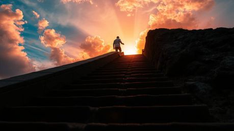 A lone figure ascends a stone staircase toward a radiant beam of divine light piercing through a sunset sky filled with swirl